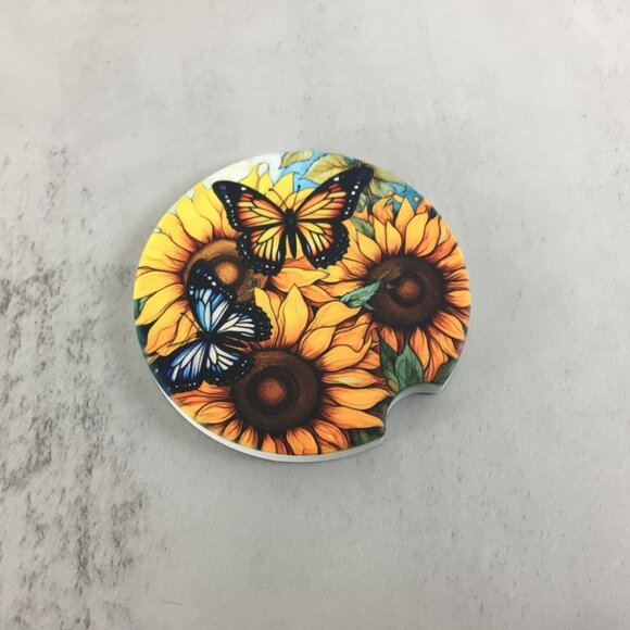 Sunflowers and Butterflies Car Coasters - Set of 2 Sandstone Coasters - Picture 3 of 6